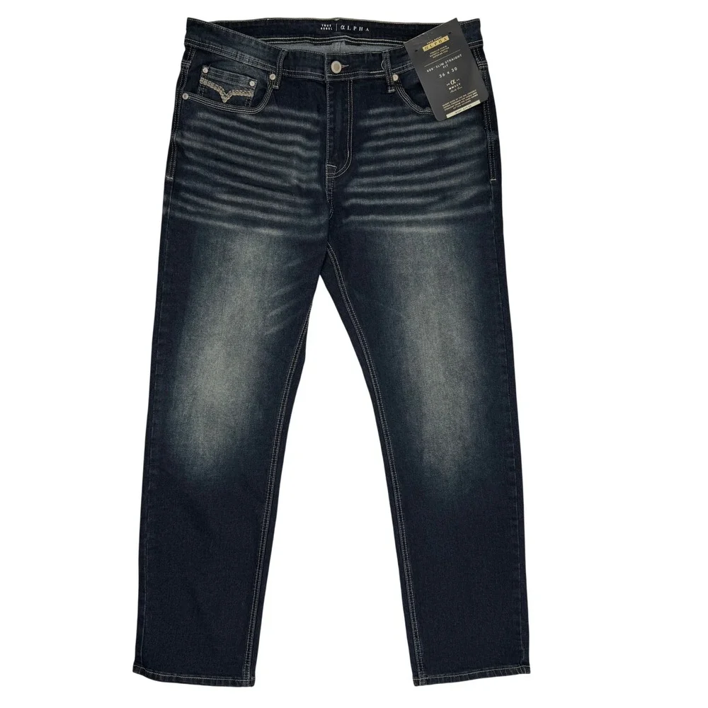 True Rebel Alpha 808 Slim Straight Jeans Mens 36x30 Dark Wash Stretch Denim NEW